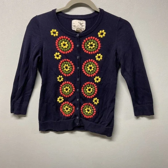 Tabitha Anthropologie Embroidered Floral Cardigan‎ Navy Blue Sweater Women Small - Picture 2 of 5